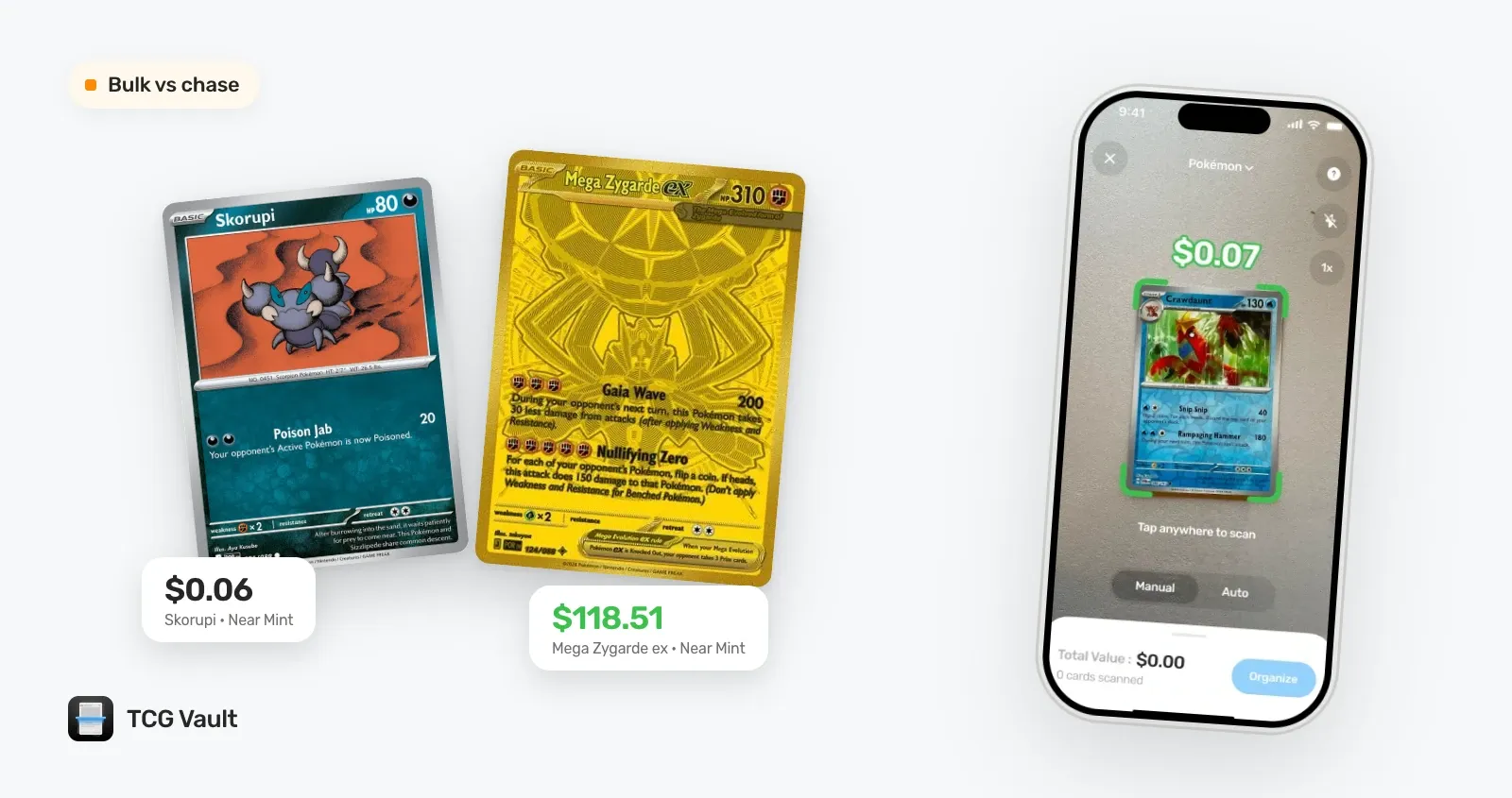 A $0.06 Skorupi common next to a $118.51 Mega Zygarde ex, with an iPhone scanning a card in TCG Vault