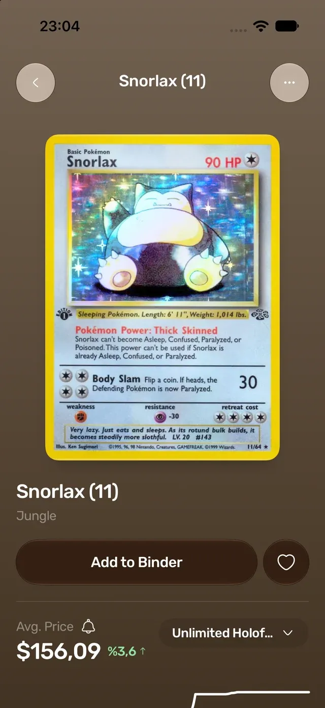 A card in TCG Vault: Snorlax from Jungle with its average price and change