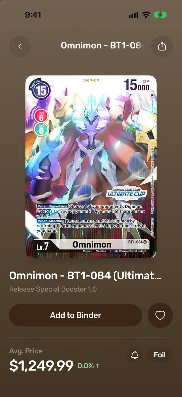 A Digimon card in the TCG Vault app, with its card number and market price