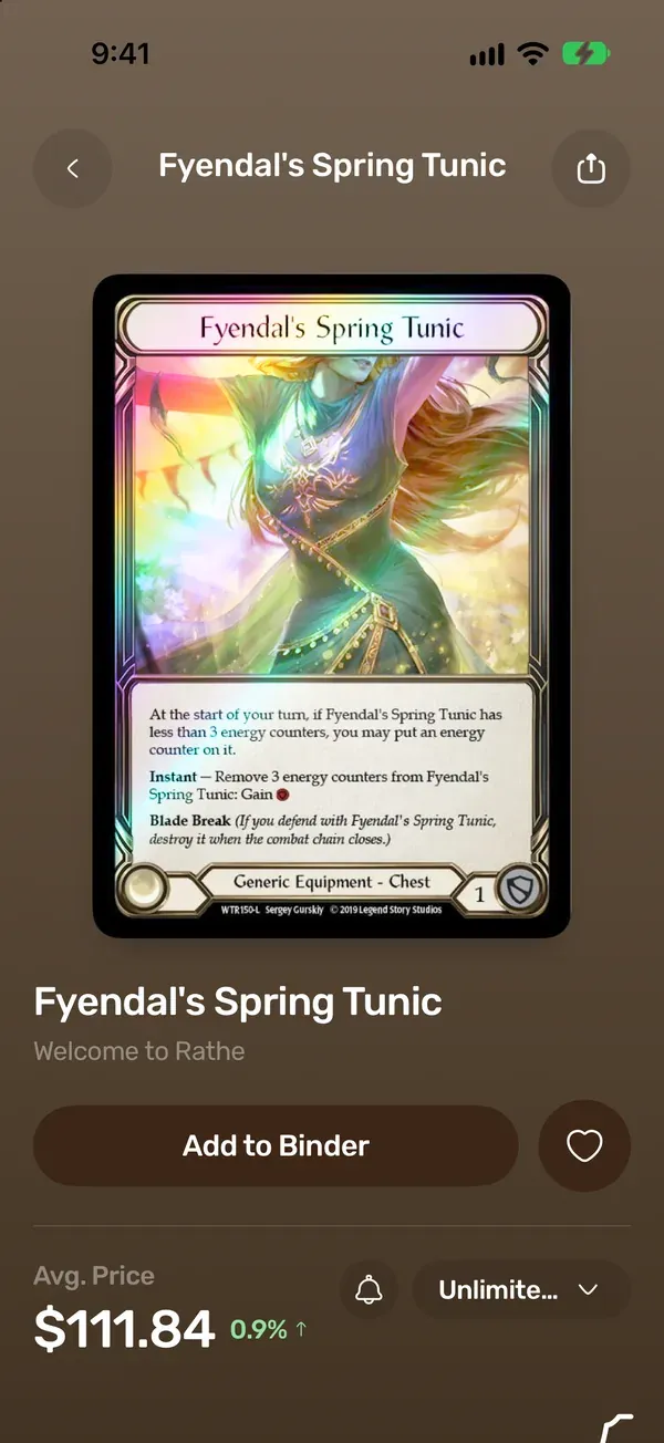 A Flesh and Blood card in the TCG Vault app, with its collector code and market price