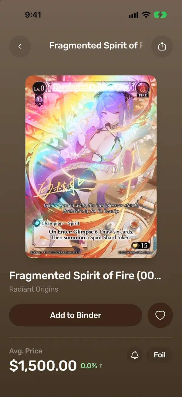 A Grand Archive card in the TCG Vault app, with its collector number and market price