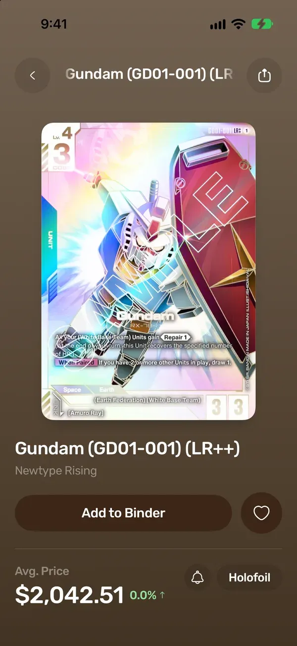 A Gundam Card Game card in the TCG Vault app, with its card number and market price