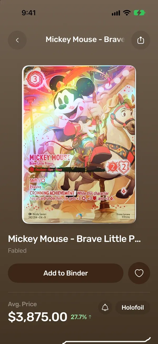 A Disney Lorcana card in the TCG Vault app, with its collector number and market price