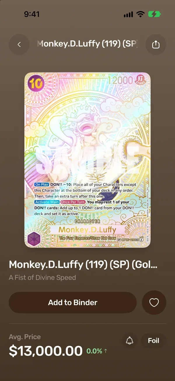 A One Piece card in the TCG Vault app, with its card number and market price