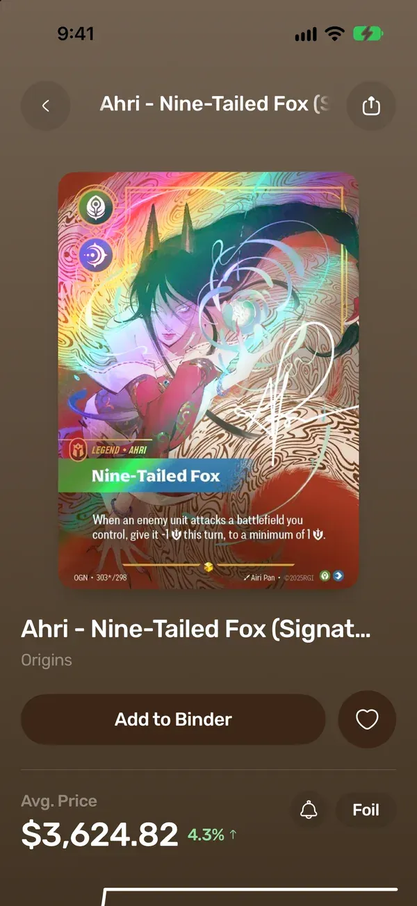 A Riftbound card in the TCG Vault app, with its collector number and market price