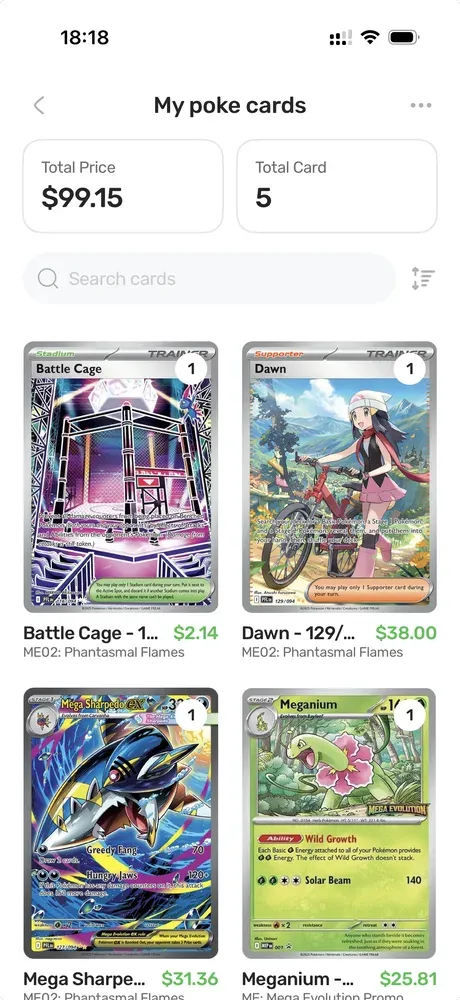A TCG Vault collection of Pokémon cards with its $99.15 total price and card count