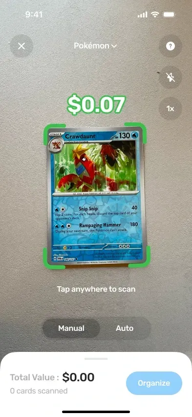TCG Vault scanning a Pokémon card and showing its market price above it