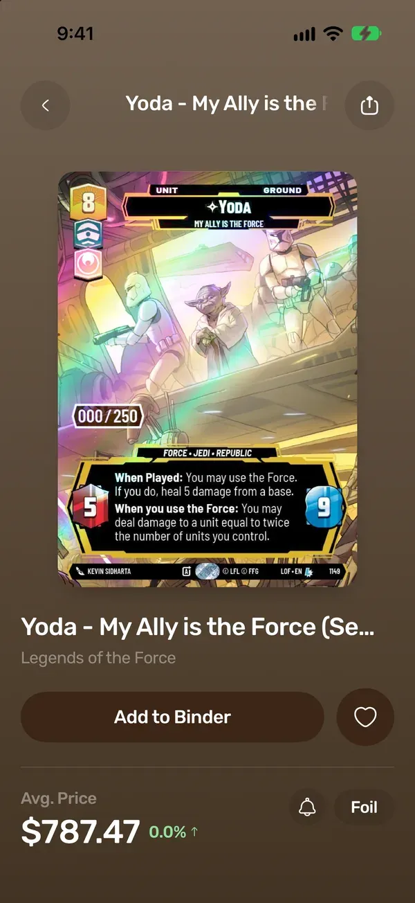 A Star Wars: Unlimited card in the TCG Vault app, with its number and market price