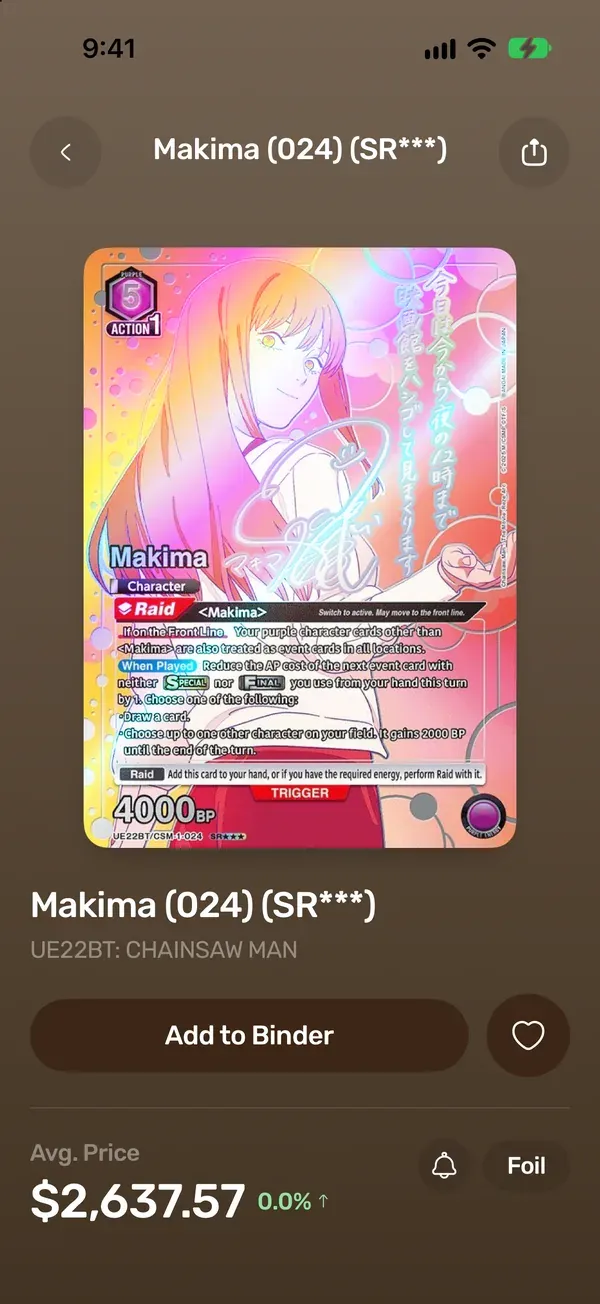 A Union Arena card in the TCG Vault app, with its card number and market price