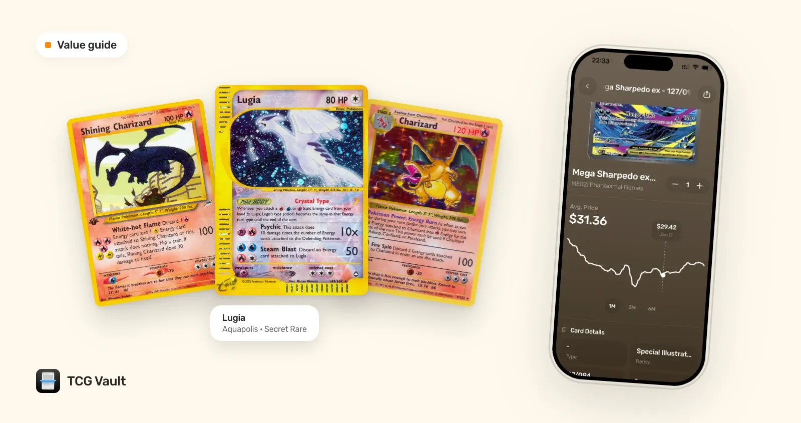 Shining Celebi, Aquapolis의 Lugia, Base Set의 Charizard와 TCG Vault에서 카드 시세 추이를 보여 주는 아이폰