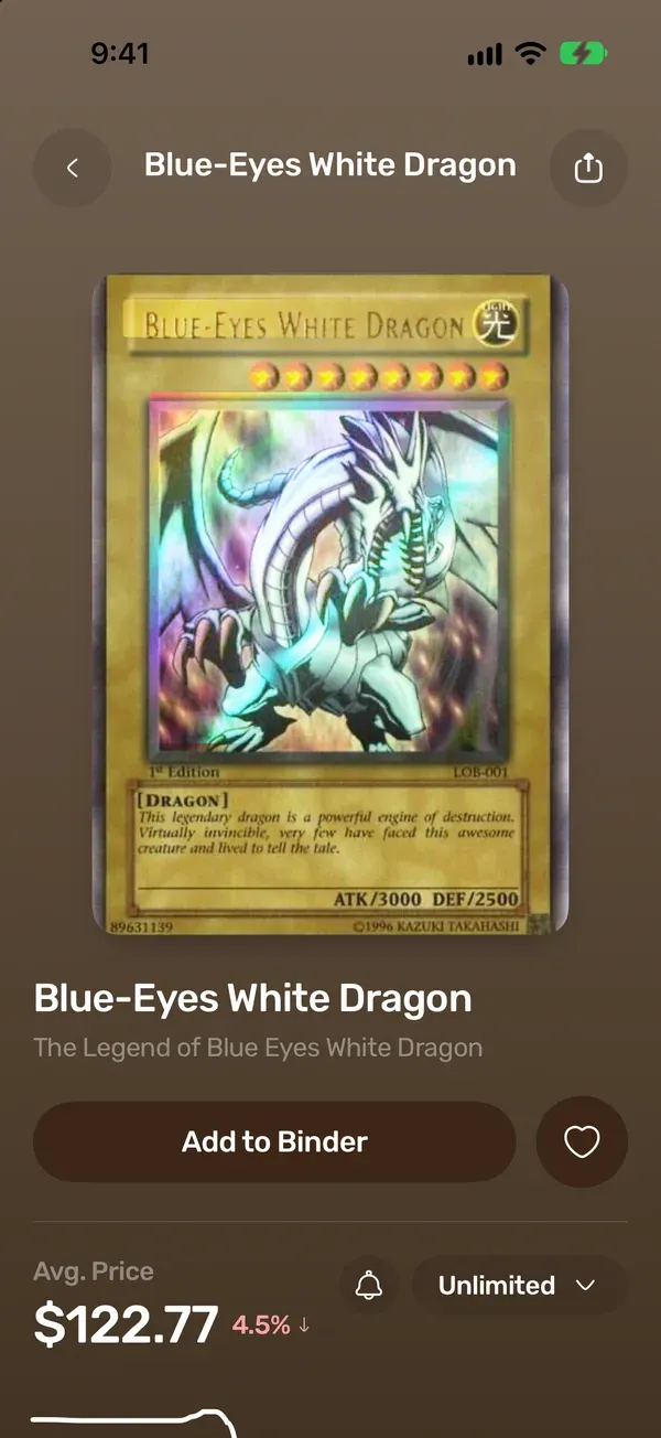 A Yu-Gi-Oh! card in the TCG Vault app, with its set code, rarity and market price